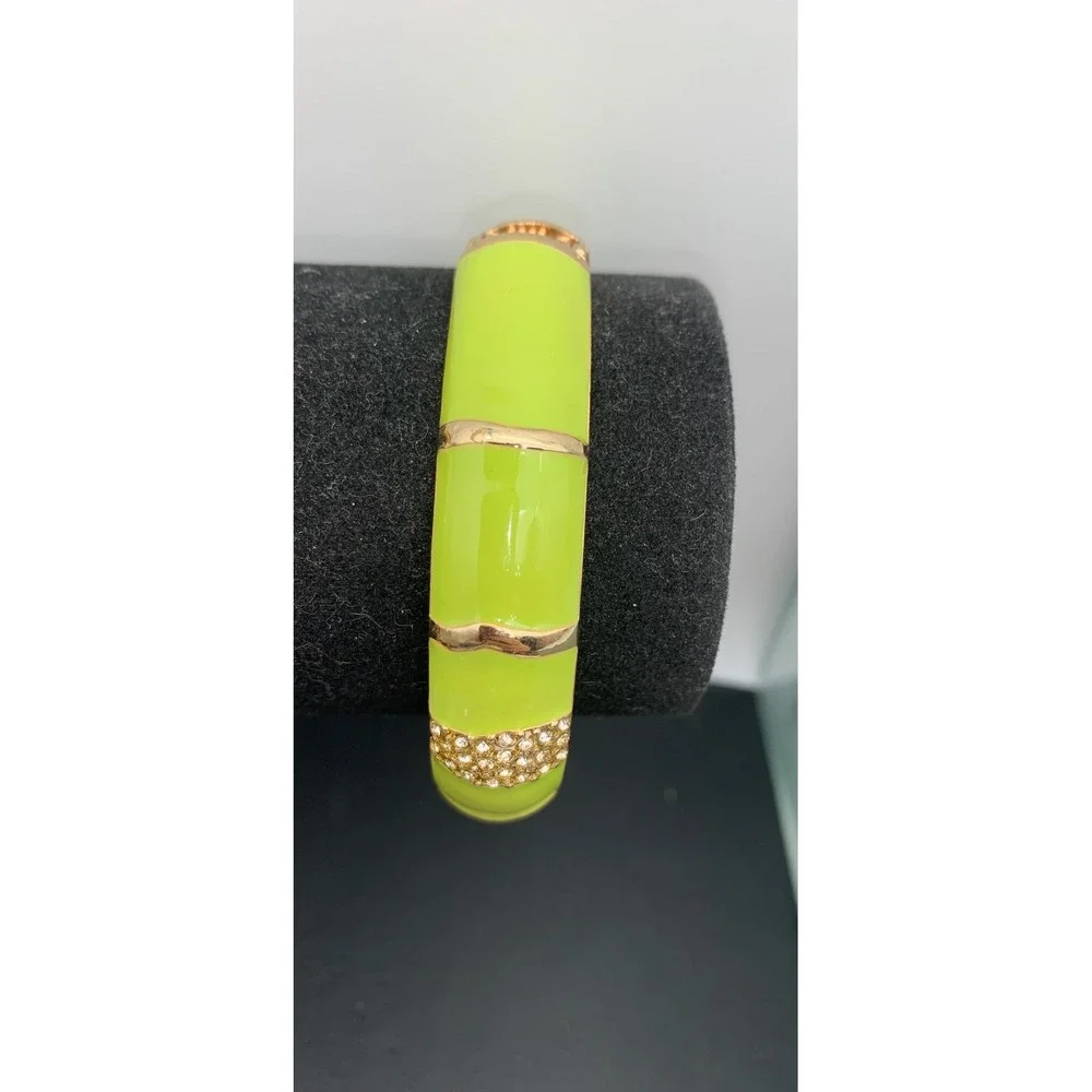 Gold Tone & Bright Green Enamel Rhinestone Bangle Hinged Clamper Bracelet